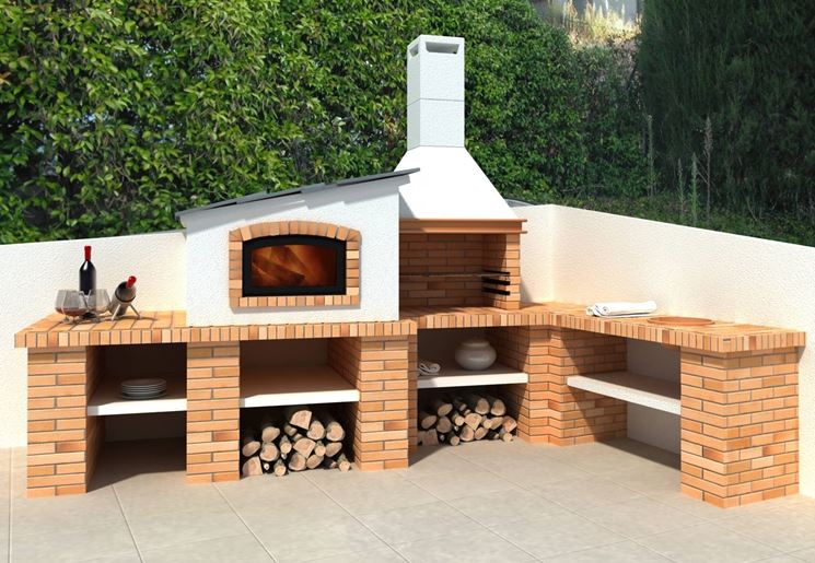 Comfortable and modern brick barbecue with various support bases and compartments